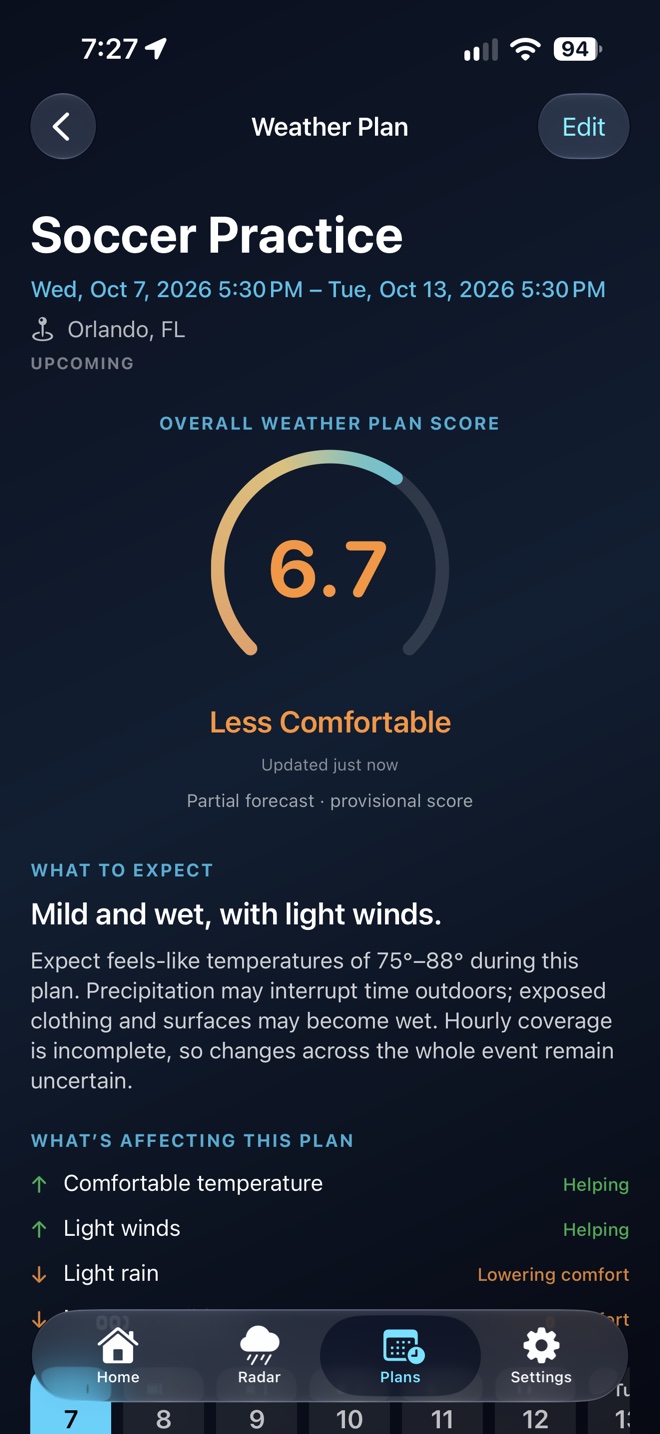 A Soccer Practice Weather Plan for Orlando with a 6.7 score, a partial-forecast notice, and an explanation of expected conditions.